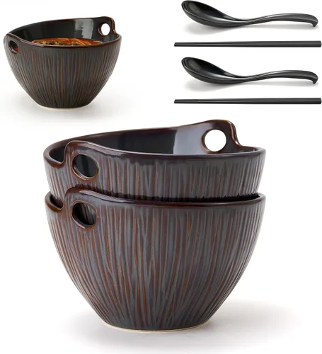 Miniatura 11 de Donburi - Juego de 2 cuencos de cerámica para fideos con palillos y cucharas, juego de 2 cuencos Donburi aptos para lavavajillas para pasta