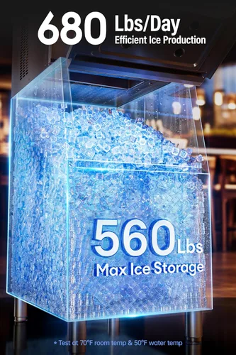 Miniatura 2 de Máquina comercial para hacer hielo 600LBS/24H, máquina de hielo industrial de 1200 W con contenedor de almacenamiento de acero inoxidable de 400