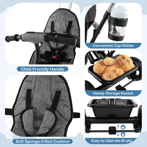 Miniatura 6 de BABY JOY Triciclo para niños pequeños, 7 en 1 con toldo ajustable, asa de empuje para padres, asiento y reposapiés, arnés de seguridad de 5 puntos