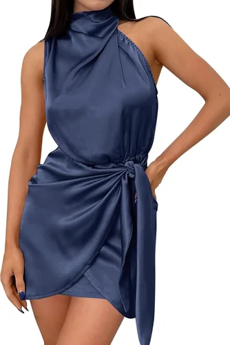 ZESICA Vestido corto de satén para mujer 2023, sin mangas, cuello halter, lazo en la cintura, vestido ajustado para fiesta de cóctel