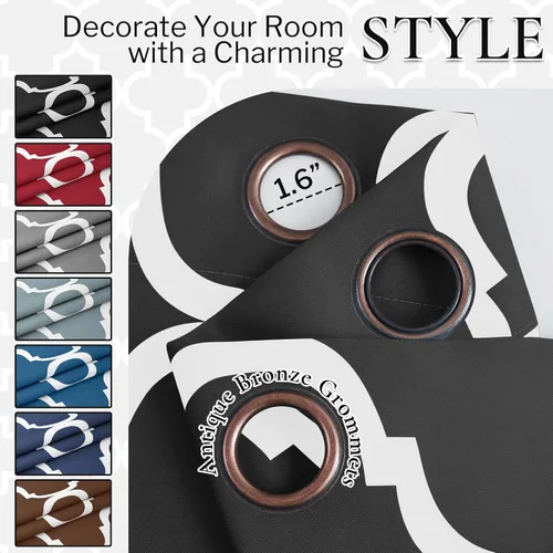 Miniatura 4 de Melodieux Cortinas opacas con ojales para oscurecer la habitación con estampado marroquí para ventanas pequeñas, 42 x 45 pulgadas, color negro
