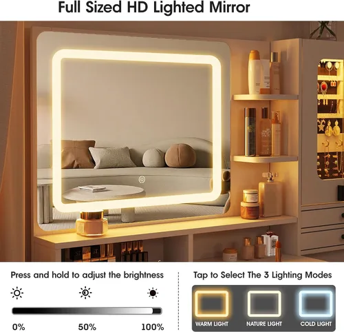 Miniatura 3 de Vabches Escritorio grande de tocador de 59 pulgadas con espejo y luces, mesa de tocador de maquillaje blanca con gabinete de joyería y 7 cajones