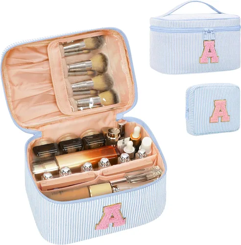 Miniatura 8 de Juego de bolsas de maquillaje con iniciales para niñas y mujeres, bolsa de cosméticos con monograma con soporte para cepillos, estuche de maquillaje
