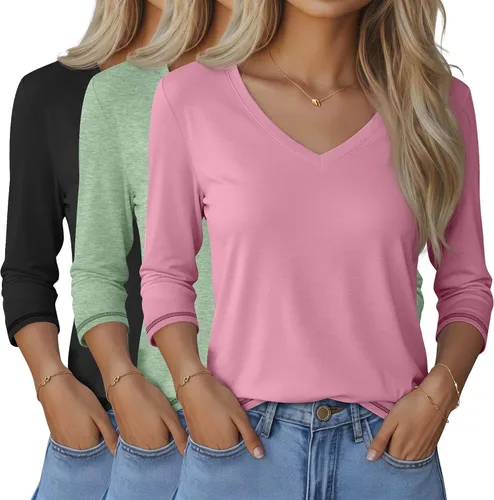 Miniatura 7 de Ficerd Paquete de 3 camisetas de manga 3/4 para mujer, cuello en V, blusas holgadas, blusas casuales, ropa de moda 2026