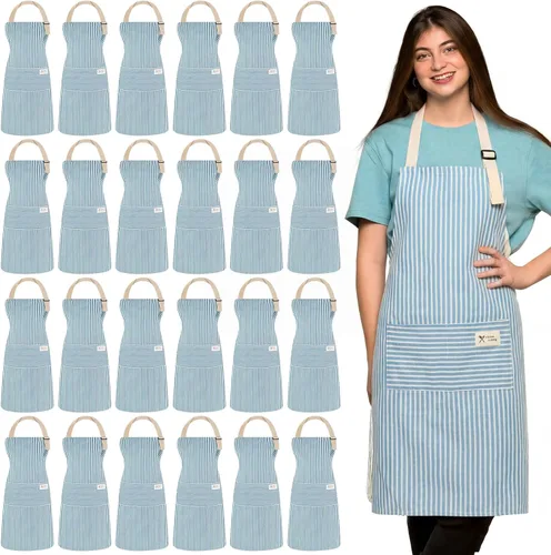 Miniatura 8 de Janmercy 24 delantales para mujeres y hombres con 2 bolsillos, delantal de cocina de lino, delantal ajustable para chef, delantales a granel unisex