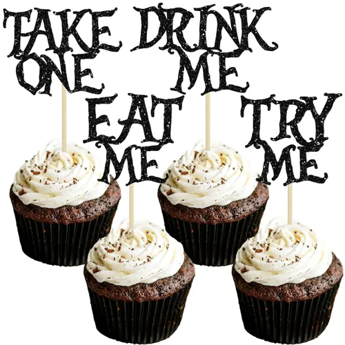 Gyufise 24 piezas de adornos para cupcakes de Alicia en el país de las maravillas con purpurina negra Try Me Take One Eat Me Cupcake Picks para
