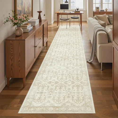Miniatura 54 de Alfombra de pasillo Soalmost 2'6" x 10' lavable, alfombra antideslizante para cocina, baño, lavandería, alfombras vintage ultra delgadas para Beige