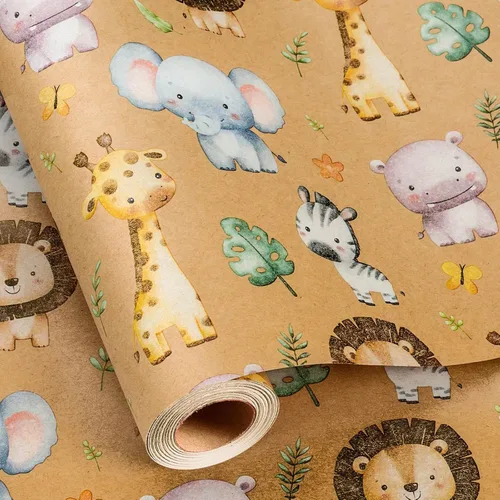 Burymento Papel de Regalo Kraft para Animales, Papel de Regalo con Diseño de Línea Auxiliar Cortada para Baby Shower, Cumpleaños, San Valentín, Día