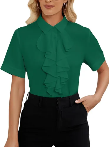 Miniatura 14 de Vrtige Women's Ruffle Front Collar Neck Button Down Short Sleeve Blouse Shirt Top