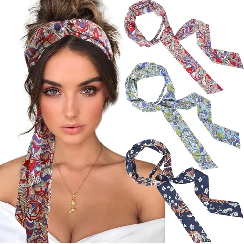 Miniatura 10 de AWAYTR Diademas de gasa con trenzado largo para mujer - 3 unidades, envolturas cruzadas para cabello grueso (Negro+Beige+Jaque)