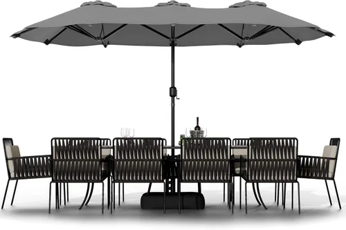 Miniatura 12 de Shintenchi Sombrilla de patio grande de 16 pies con base, sombrilla rectangular de doble cara para exteriores, sombrilla de mercado con manivela