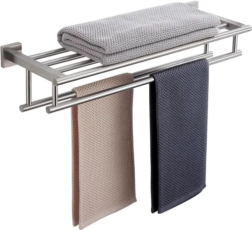 Miniatura 19 de Toallero con estante de 20 pulgadas, toalleros dobles para baño, soporte de toallas de baño negro mate, toallero de acero inoxidable SUS304