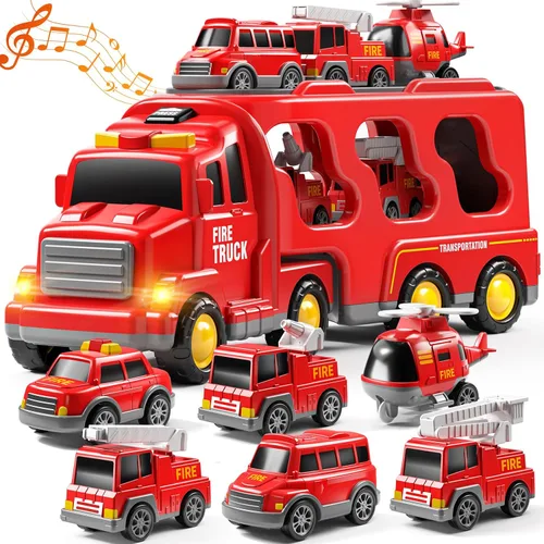 JUKUDAHU Camiones de Bomberos 7-en-1 para Niños de 3, 4, 5, 6 Años - Auto de Transporte para Niños Pequeños de 4-6, Juguetes con Sonido y Luz para