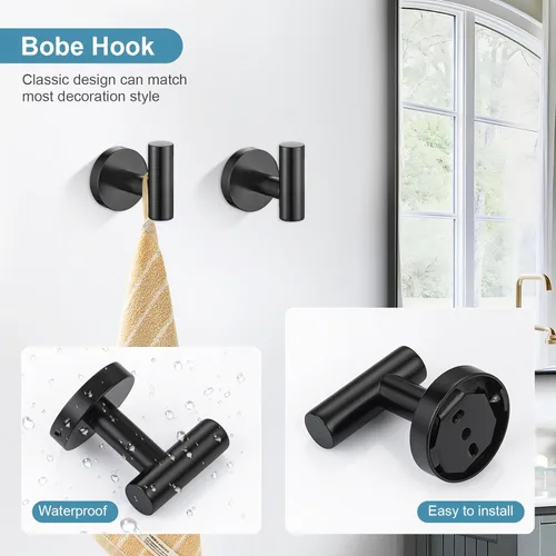 Miniatura 3 de TQKAG Juego de accesorios de baño negro mate, 5 piezas, juego de barra de toalla de acero inoxidable SUS304 juego de estante de toallas redondo