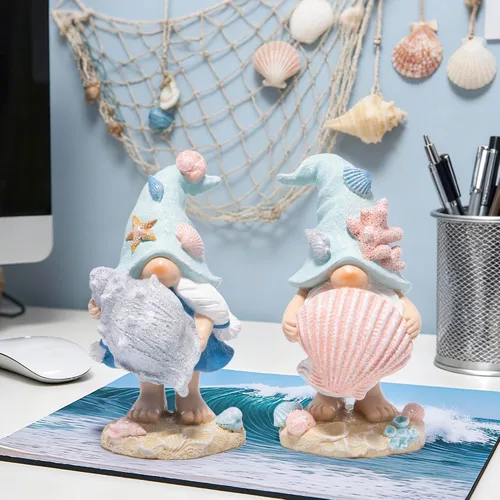 Miniatura 4 de Hodao Figuras de gnomos del océano costero – Gnomos de playa de resina pintados a mano con sombreros de conchas y estrellas de mar, decoraciones