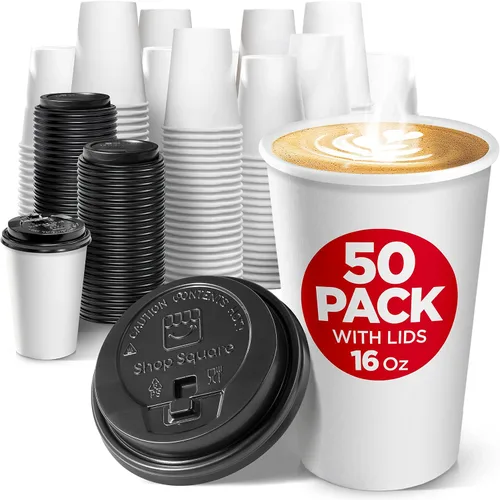 Shop Square Tazas de café desechables blancas con tapas, 16 onzas (paquete de 50), tazas de café de papel para bebidas calientes y frías, café, té,