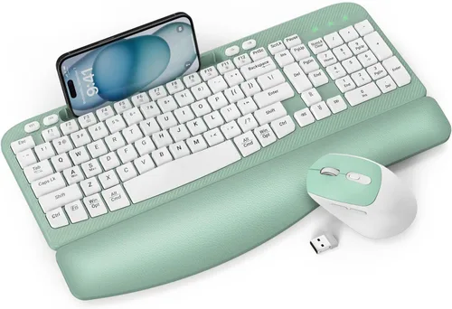 Miniatura 11 de Combo de teclado y mouse inalámbrico, teclado ergonómico de tamaño completo con teclas de onda, reposa muñeca acolchado, soporte para teléfono