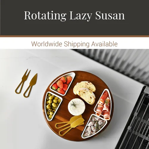 Miniatura 6 de Shanik Juego Mejorado de Tabla Giratoria Lazy Susan para Cortar Queso - Tabla Redonda de Acacia para Charcutería con 4 Tazones de Cerámica - Regalos