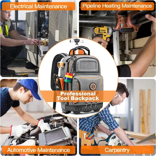 Miniatura 8 de Mochila de herramientas con rueda, mochila de herramientas rodante para electricistas, bolsa de herramientas resistente con rueda para trabajo