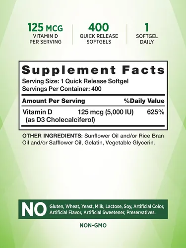 Miniatura 2 de Nature's Truth Vitamina D3 5000 UI cápsulas blandas 400 unidades Alta potencia Suplemento sin OMG y sin gluten