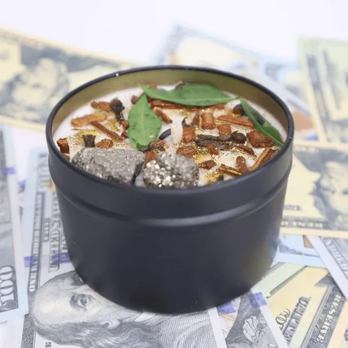 Miniatura 5 de BlkGrlMagick Money Manifestation - Vela de cristal de pirita, hecha a mano, cremosa aroma de sándalo de coco, menta, canela y clavo de olor