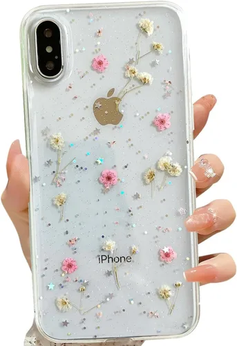 Miniatura 11 de LSEEKA Funda transparente para iPhone 13 Mini/iPhone 12 Mini con diseño de flores reales prensadas, con purpurina, bonito patrón floral blanco, Oro