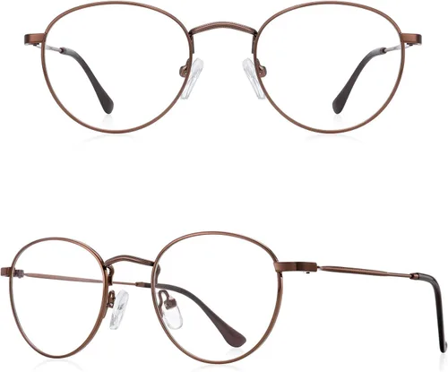 Miniatura 2 de Lentes de lectura redondos de metal pequeños para mujeres y hombres, clásicos, vintage, retro, bloqueo de luz azul, lectores de computadora Marrón