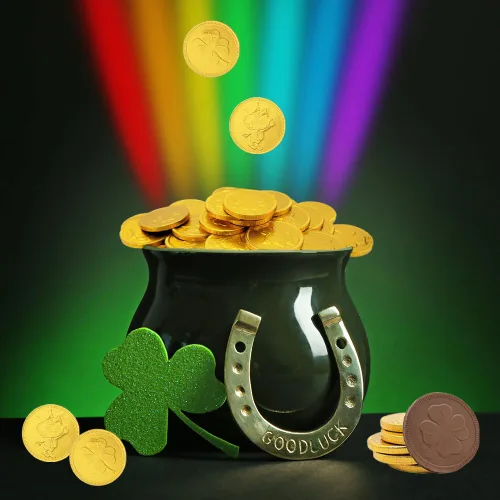Miniatura 3 de The Dreidel Company Monedas de oro de chocolate con leche belga del día de San Patricio, sin nueces, lácteos certificados Kosher, caja de duende
