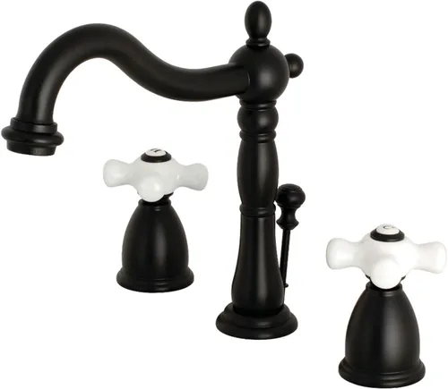 Miniatura 4 de Kingston Brass KB1978PX Heritage - Grifo de lavabo con mango cruzado de porcelana, níquel cepillado, centro ajustable de 8 pulgadas cepillado níquel