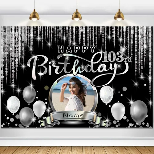 Miniatura 19 de Cartel de decoración de feliz cumpleaños número 100 personalizado - Personalización disponible - Negro y plateado - Tamaño grande - Admite fotos