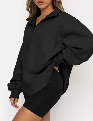 Miniatura 2 de Trendy Queen Sudadera de gran tamaño con media cremallera para mujer, sudadera de manga larga con cremallera de un cuarto, sudadera con capucha