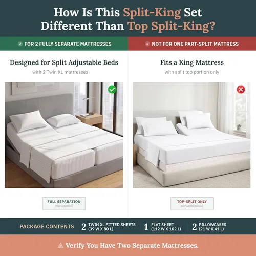 Miniatura 2 de Sábanas de algodón tamaño King dividido para cama ajustable, satén de algodón 100% con 500 hilos, ajuste ceñido, juego con sábanas bajeras Twin-XL