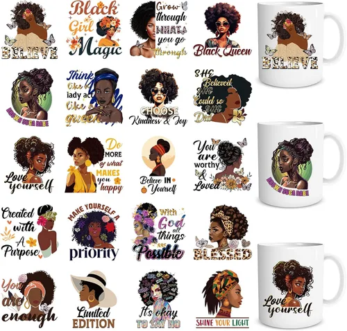 UV DTF Envoltura de Vaso - 20 Hojas Envoltura de Vaso UV para Mujeres Afroamericanas Envolturas de Vaso UV para Mujeres Negras de 16 OZ Envolturas