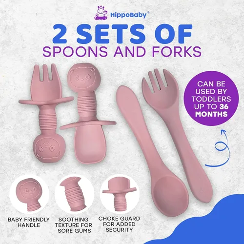 Miniatura 7 de HippoBaby Suministros de destete para bebés Juego de alimentación para bebés de silicona de 10 piezas, babero para bebé y niño pequeño, taza