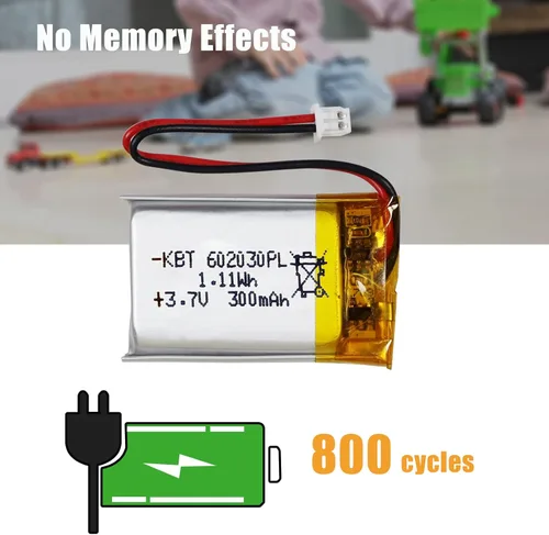 Miniatura 3 de Batería de polímero de litio KBT 3.7V 300mAh: 602030 Baterías de repuesto de iones de litio recargables Lipo con conector PH 1.25 JST, conector