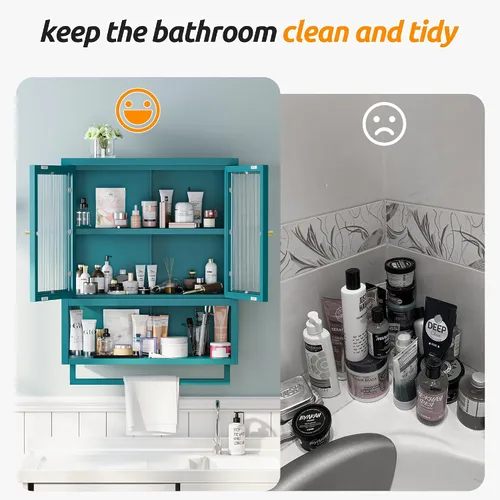Miniatura 7 de Armario de pared de baño con 2 puertas de vidrio, botiquín de baño con barra de toallas y estantes, gabinete de almacenamiento sobre el inodoro