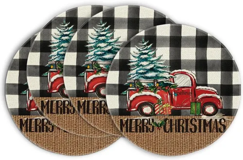 Miniatura 10 de Artoid Mode Manteles Individuales de Camión a Cuadros Buffalo Plaid Feliz Navidad Juego de 4, 12x18 Pulgadas Manteles de Mesa de Árbol de Navidad
