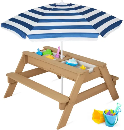 Miniatura 11 de Best Choice Products Mesa de arena y agua 3 en 1 para niños, mesa de picnic convertible de madera para exteriores con paraguas, 2 bandejas, parte