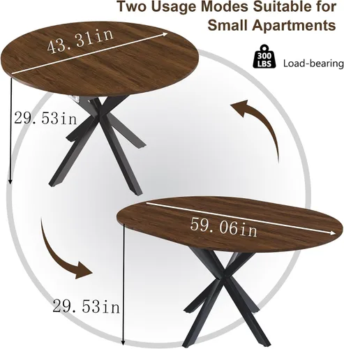 Miniatura 2 de Juego de mesa de comedor redonda para 4, juego de mesa de comedor extensible de 43-59 pulgadas, mesa de grano de madera de nogal y 4 sillas