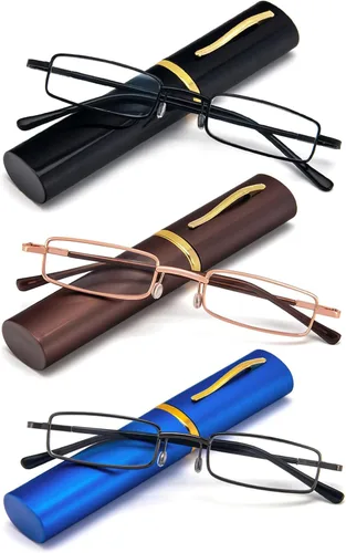 Miniatura 15 de REAVEE - 2 unidades de gafas de lectura con bolígrafo delgado para hombres y mujeres, tamaño pequeño de bolsillo, tubo con bisagra de resorte