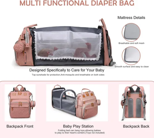 Miniatura 2 de Mochila para pañales con cambiador, bolsa de bebé de viaje multifunción, bolsa de bebé impermeable, bolsa de mamá de gran capacidad, bolsa de Rosa