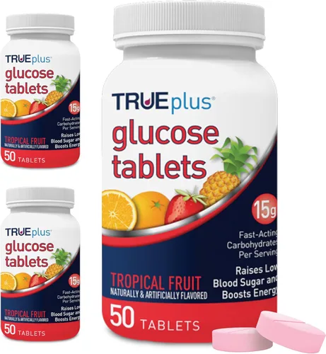 Miniatura 16 de TRUEplus® Tabletas de glucosa, sabor surtido (uva, frambuesa, naranja), botella de 50 unidades (1)