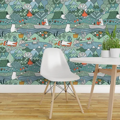 Miniatura 3 de Spoonflower Muestro de papel tapiz extraíble - Day Lake Restaura la Naturaleza Animales Gato Verano Picnic Gatos Papel pintado personalizado