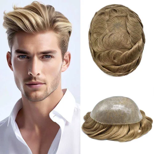 Miniatura 43 de Toupee para hombres Sistema de reemplazo de cabello humano real para hombres Completo PU Mens Hairpiece de aspecto natural para hombre piezas