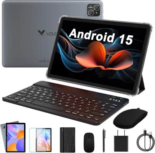 Tablet Android 15, tabletas 2 en 1 de 10 pulgadas con funda para teclado y lápiz capacitivo, procesador Octa-Core de 128 GB, Wi-Fi 6 5G, pantalla HD