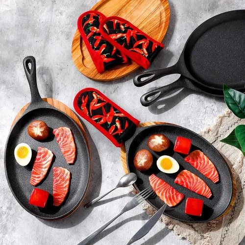 Miniatura 4 de Lallisa Juego de 8 Platos de Fajita de Hierro Fundido Juego de Platos Sartén de Fajita con Bandeja de Madera Protección Anti Quemaduras Guante
