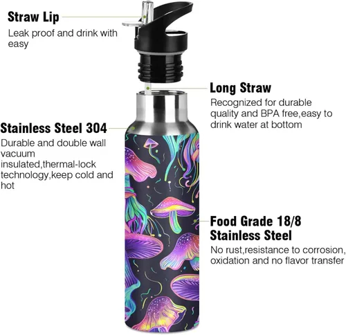 Miniatura 3 de Insulated Stainless Steel Water Bottle with Straw 32 Oz, Leakproof Water Bottles for Gym Outdoor Travel School, Psychedelic Mushrooms Purple