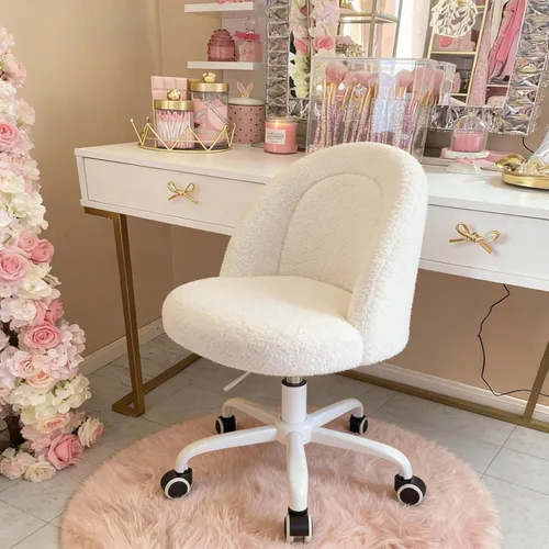 DurayLoly Silla de tocador blanca con ruedas, bonita silla de escritorio con respaldo, silla de oficina sin brazos ajustable en altura, soporte