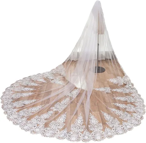 Zhangyo Velo de novia de tul suave con peine de encaje largo velo catedral nupcial 9.8 ft gota velo pelo peine para novias CXL062