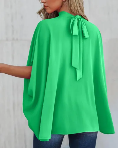 Miniatura 46 de BTFBM Blusas de verano para mujer, cuello alto falso, manga murciélago, holgadas, dobladillo alto y bajo, blusas informales de gran